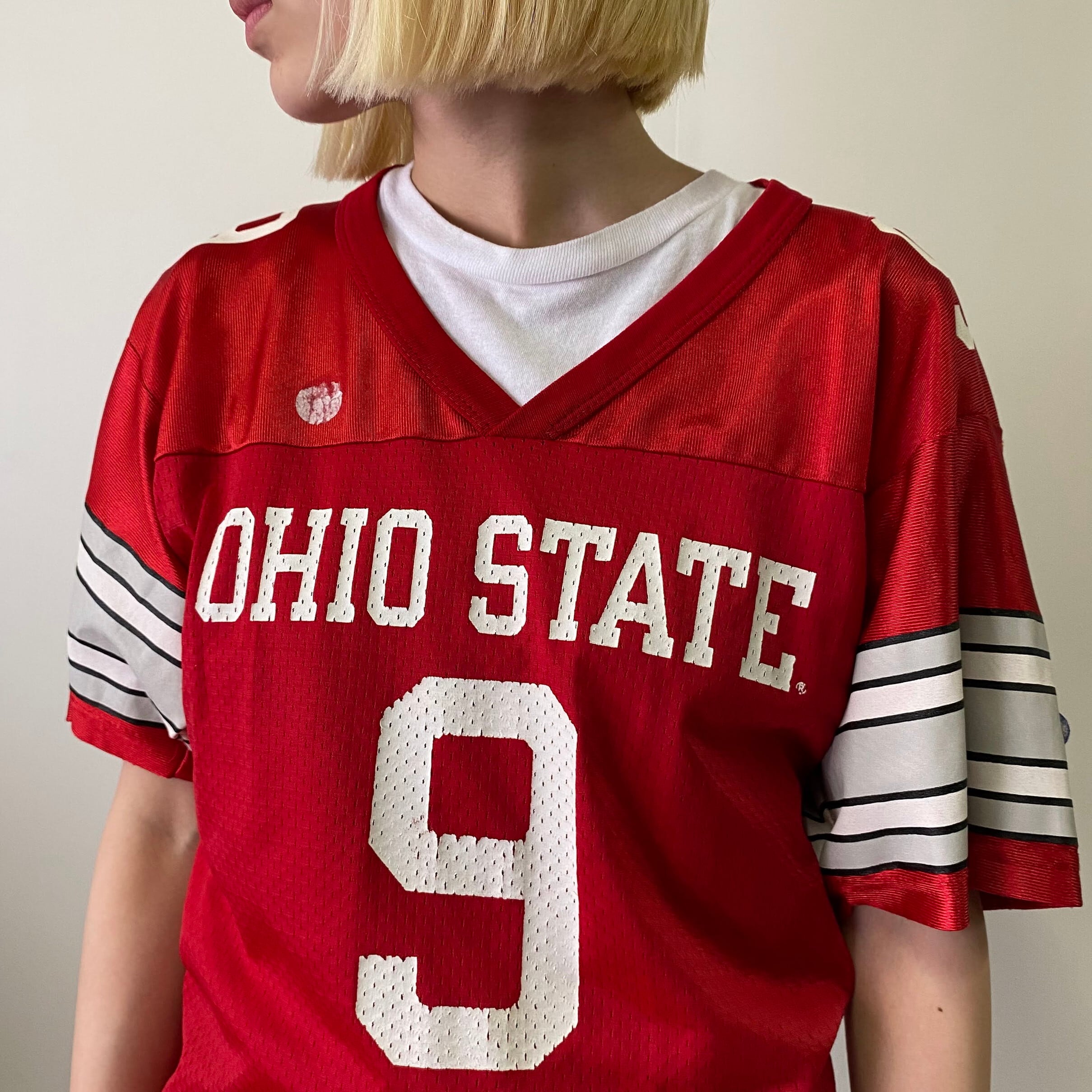 90年代 チャンピオン Champion AUTHENTIC ATHLETIC APPAREL OHIO STATE オハイオ州立大学 ナンバリング ゲームシャツ フットボールシャツ USA製 メンズL ヴィンテージ /eaa338138