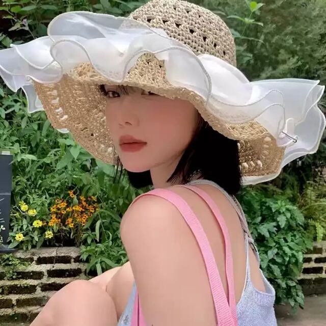 【予約販売】麦わら帽子 フレア 夏 シアー チュール ハット レディース アウトドア 可愛い 日焼け防止 紫外線 ベージュ ブラウン 女優帽 こなれ感 お洒落 韓国 トレンド