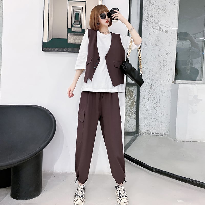 プラスサイズの女性の太った姉妹2020年秋の新しい西洋スタイル、年齢を減らす、間伐、チョッキ、Tシャツ、ズボンのスリーピーススーツ ミックスインファッション86649749485