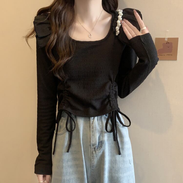 【着用レビュー】トップス レディース カットソー シャツ ショート ショート丈 長袖 スクエアネック スリム タイト 細身 フリル かわいい 大人可愛い きれいめ 上品 エレガント フェミニン おしゃれ お洒落 おとな こなれ感 ラブリー キュート 個性的 ロマンチック 抜け感 華やか 送料無料 存在感 無地 学生 通学 デート お出かけ 女子会 休日 M L XL ベージュ ブラック 黒 春 夏 秋 10代 20代 30代 40代 韓国 韓国系 着回し 普段使い ファッション コーデ モテ インスタ