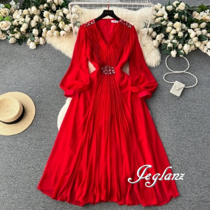 4色 ワンピース ドレス 切替 プリーツ ビジュー 共ベルト エレ派(M5710)ζ