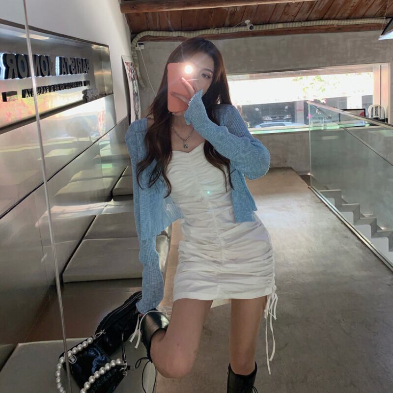 ホワイトチューブトップドレス女性秋タイトフィットバッグヒップ巾着プリーツスカート2020新しいベーススカート ブラックストロベリース63254964865