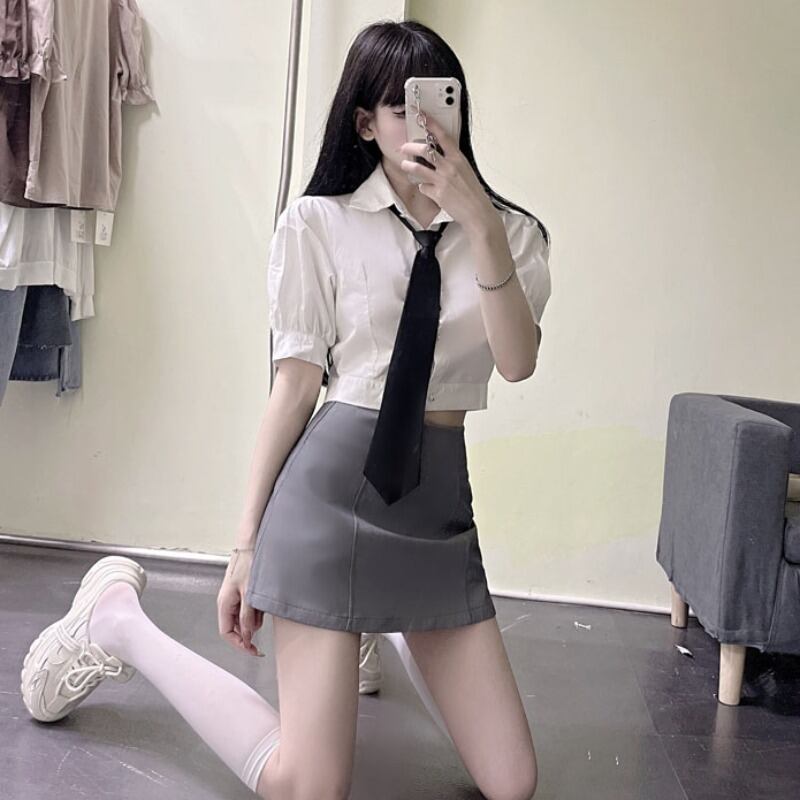 スタイルスリーブカラーシャツ トップス ハイウェストウェストAラインスカート ハンチェンe37121927263