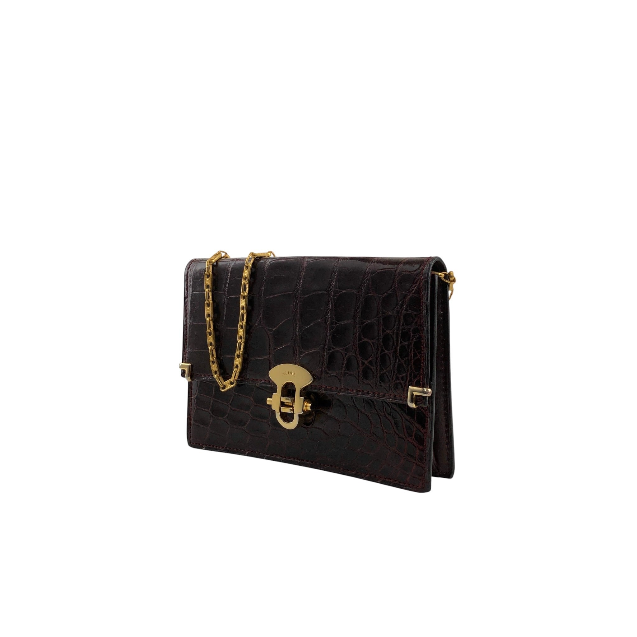 美品　CELINE セリーヌ クロコ 型押し ヴィンテージ ショルダー バッグ CELINE セリーヌ ショルダーバッグ ボルドー フロントロック ロゴ