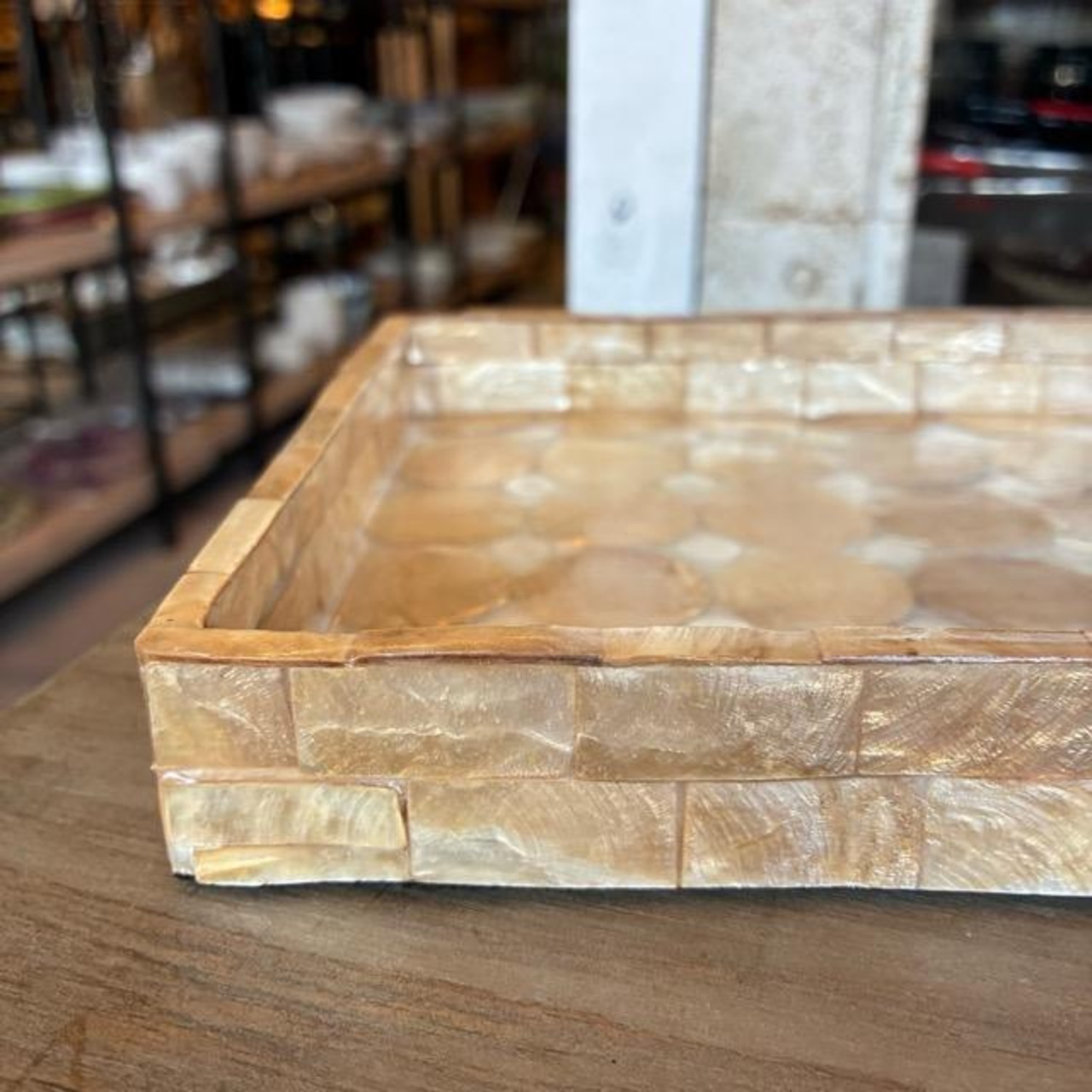 Indonesia Capiz Shell Mosaic Rectangle Tray, Beige. Perfect for small items or accessories.
