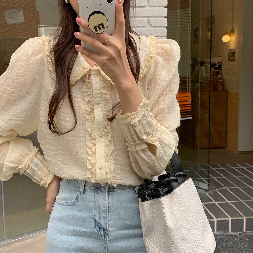 シャツ スプリングオータムルーズ薄手レースカラートップス ロング 春物 秋物 ビッグFスモールZ韓国14337389140