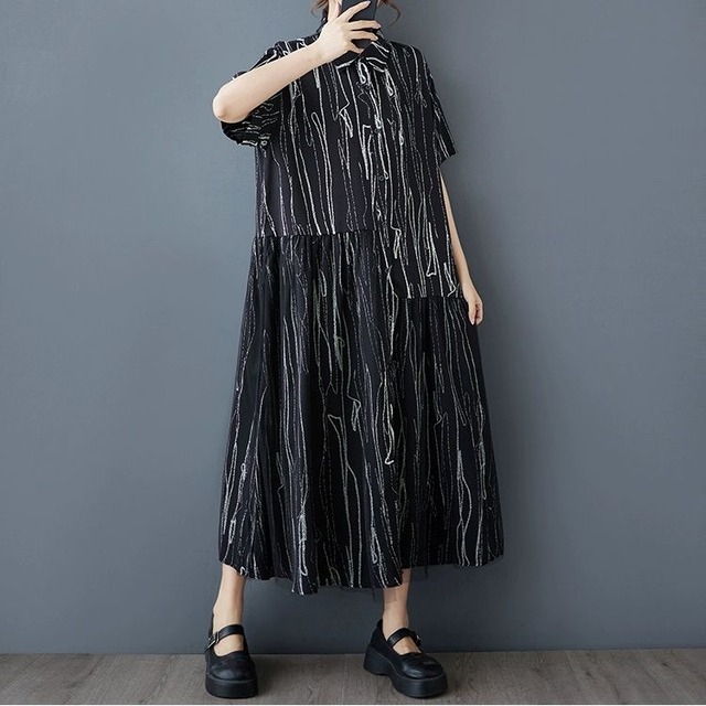 CONTRAST STITCH HALF SLEEVES A-LINE LONG SHIRT DRESS 2colors M-13546