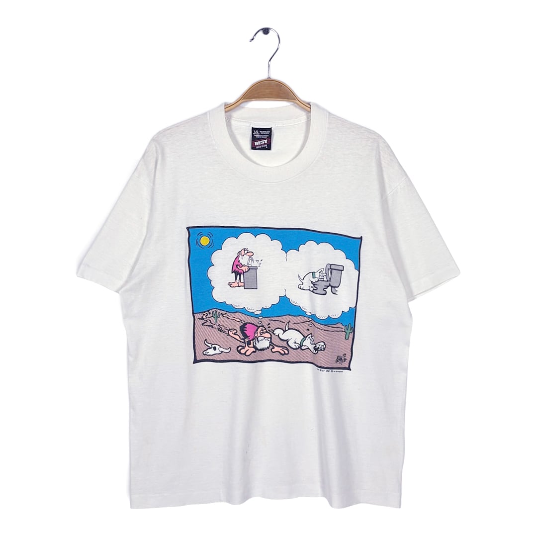 90s コミックプリント ブラックジョークT カナダ製 ヴィンテージ Tシャツ ホワイト シングルステッチ フルーツオブザルーム サイズL相当 古着 BZ0574