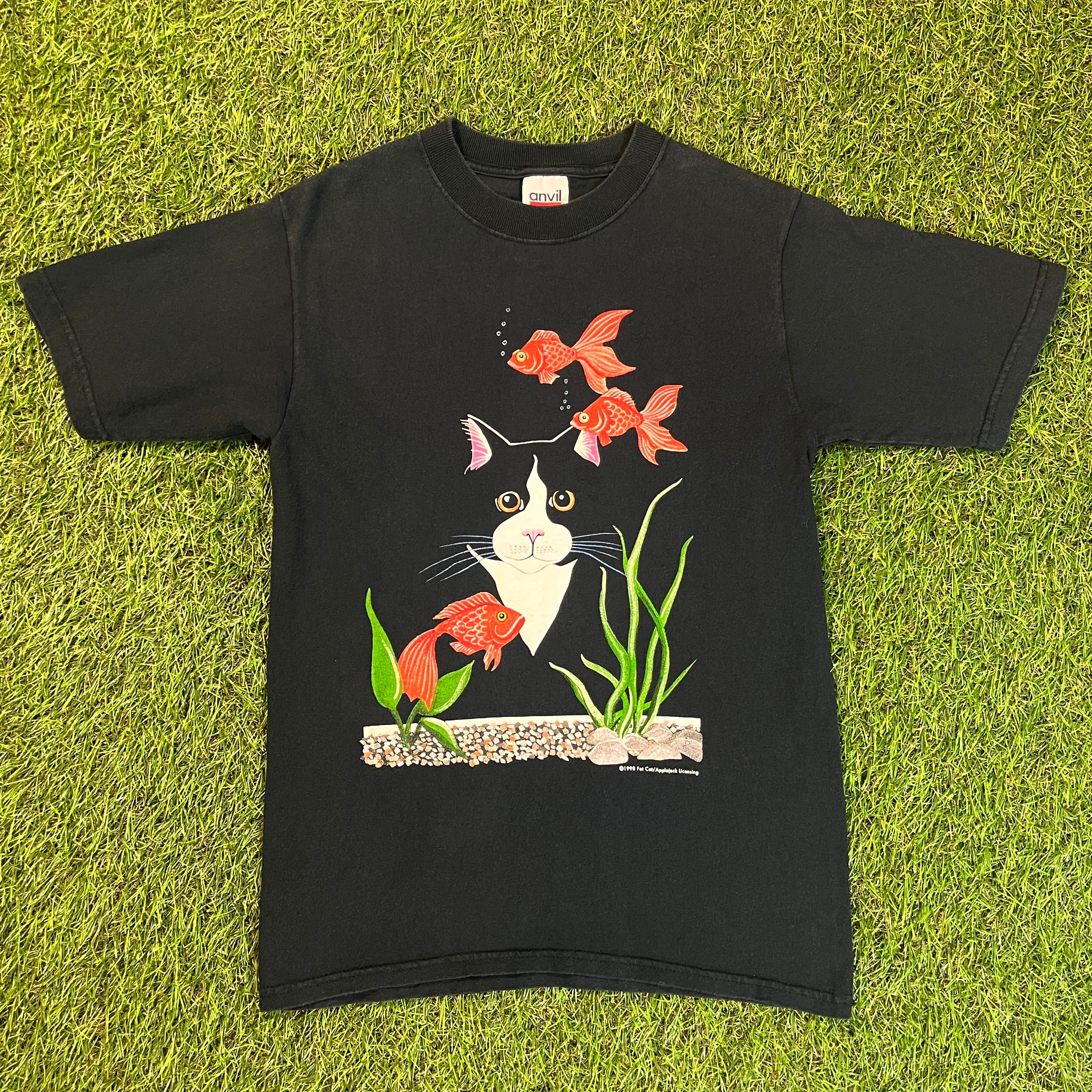 【Lady's】 90s 金魚 with キャット Tシャツ / Made In USA Vintage ヴィンテージ 古着 黒 ブラック アニマル  猫 ネコ T-Shirt ティーシャツ