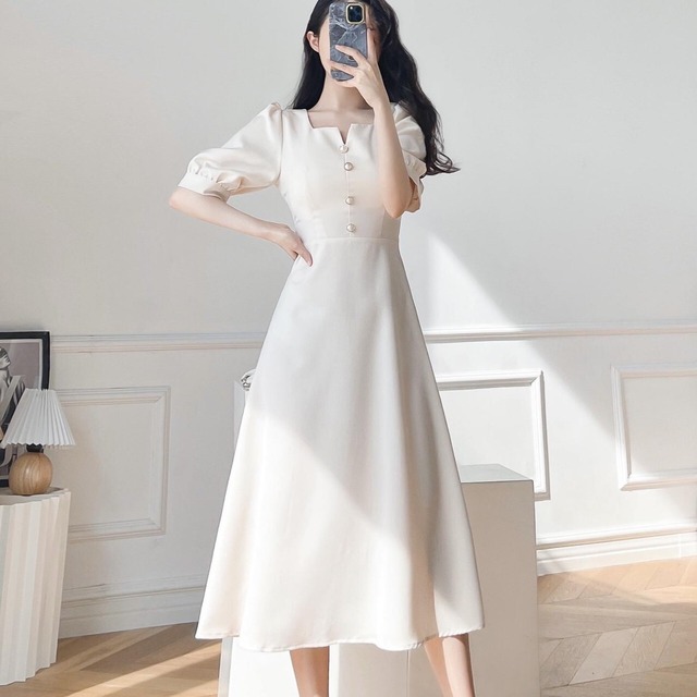ワンピース 膝丈 ひざ丈 袖あり 5分袖 パフスリーブ Vネック Aライン ハイウエスト 大人可愛い きれいめ シンプル 大人 上品 おしゃれ レトロ 大人女子 キュート モード系 エレガント 主役級 存在感 無地 春 夏 秋 入学式 10代 20代 30代 40代 レディース 女性用 ママ OL 学生 デート お出かけ 女子会 休日 アウトドア パーティー 旅行 普段使い 韓国 ファッション スタイル モテ インスタ映え S M L XL 2XL ホワイト ブラック ブルー