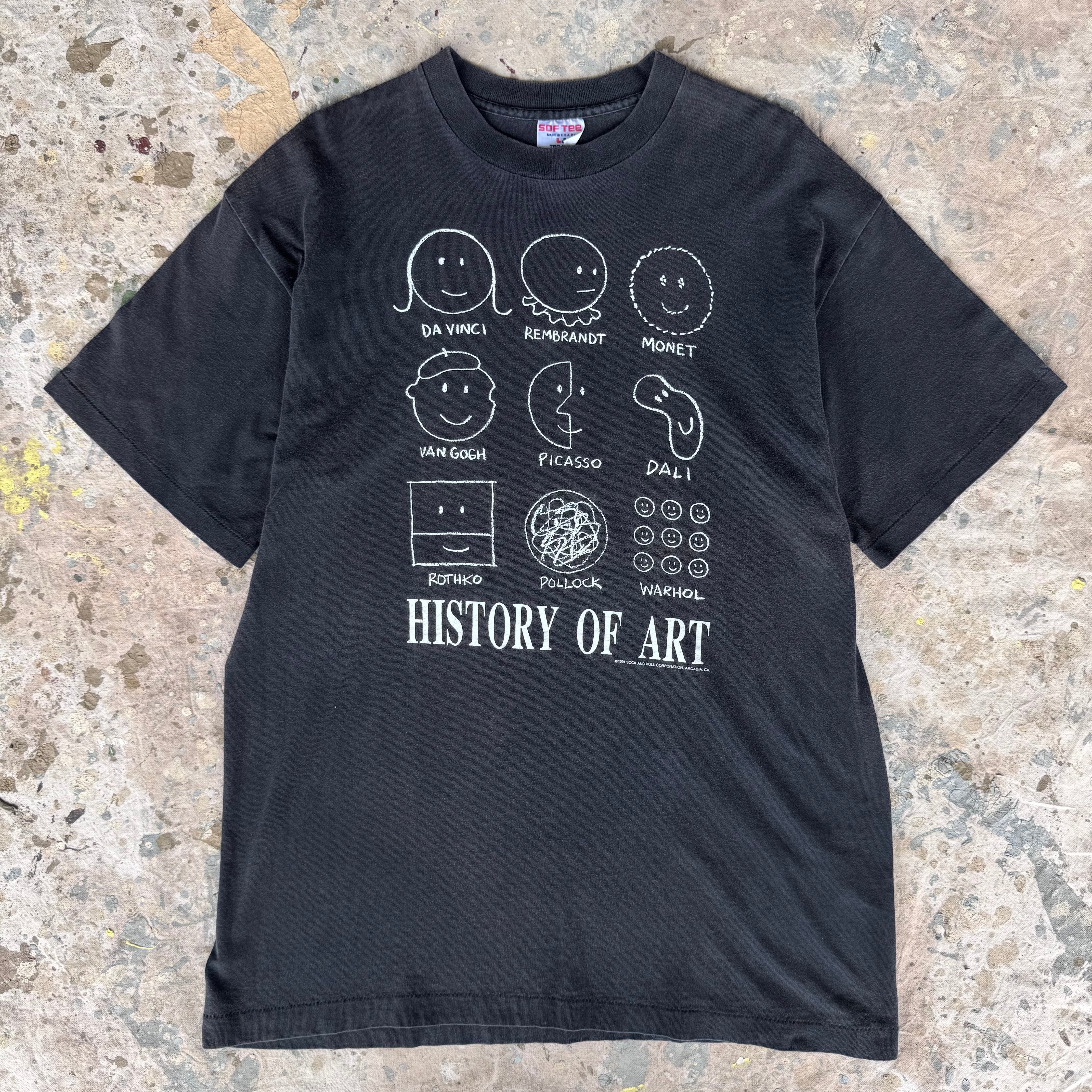 90sビンテージUSA製History Of Artフェード黒アートTシャツ古着 90s History of Art Tシャツ USA製 Donald Seitz フェード ブラック XL