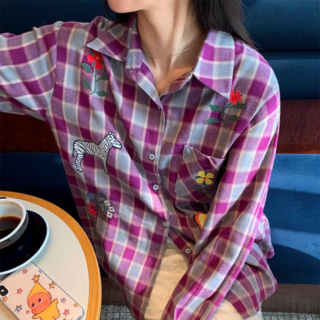 Flower embroidered check shirt blouse　2litr06116