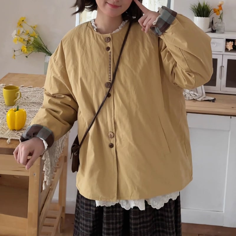 フロントデザインボタン袖口チェック柄ジャケット W1613