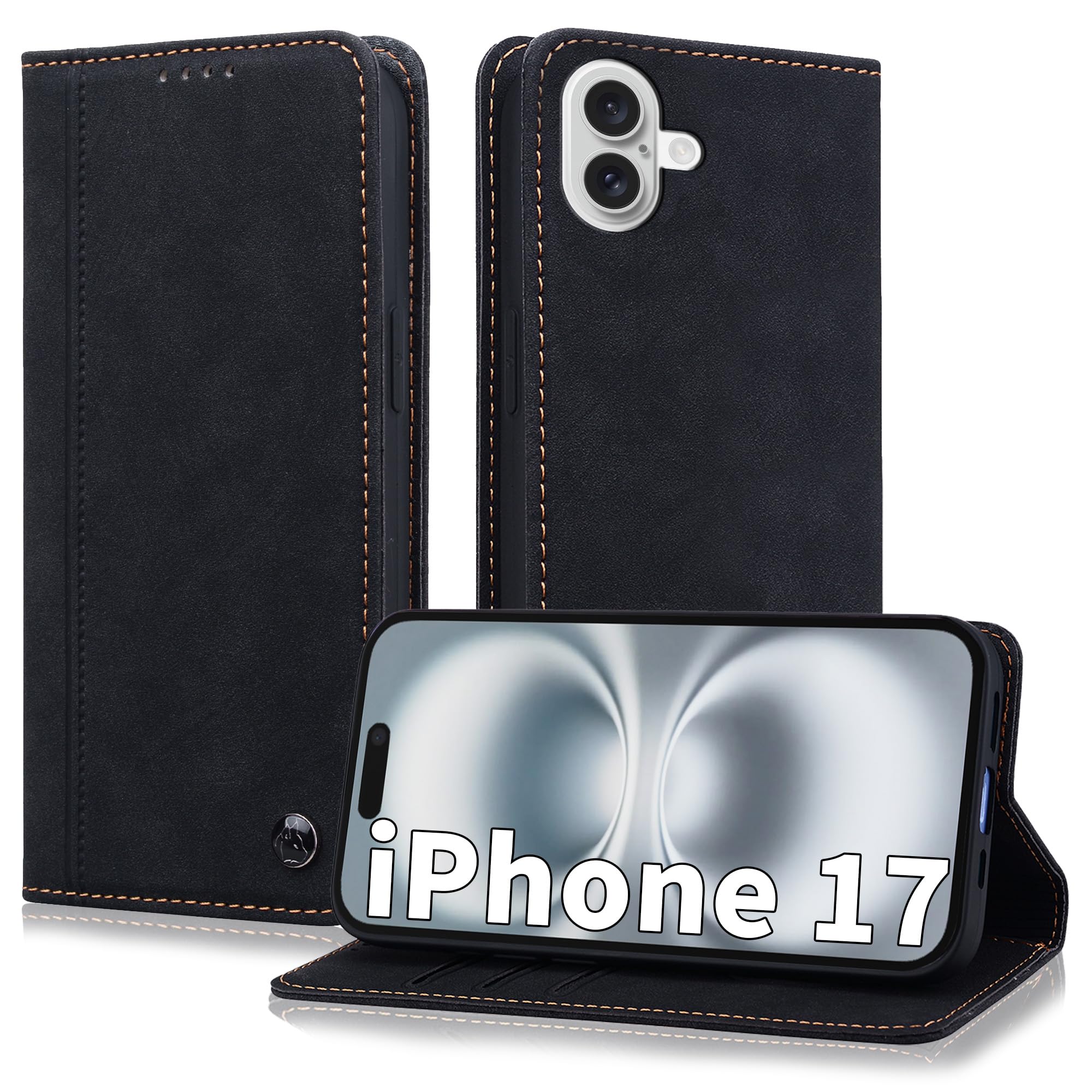 ONETHEFUL 対応 iPhone 17 ケース 手帳型 カバー 財布付き カード収納 (2枚まで) スタンド機能 マグネット閉じ 耐衝撃 PUレザー ブルー おしゃれ スピーカーホール対応 - あいふぉん17 / いふぉん17 / いphone17 / あいほん17 ブラック