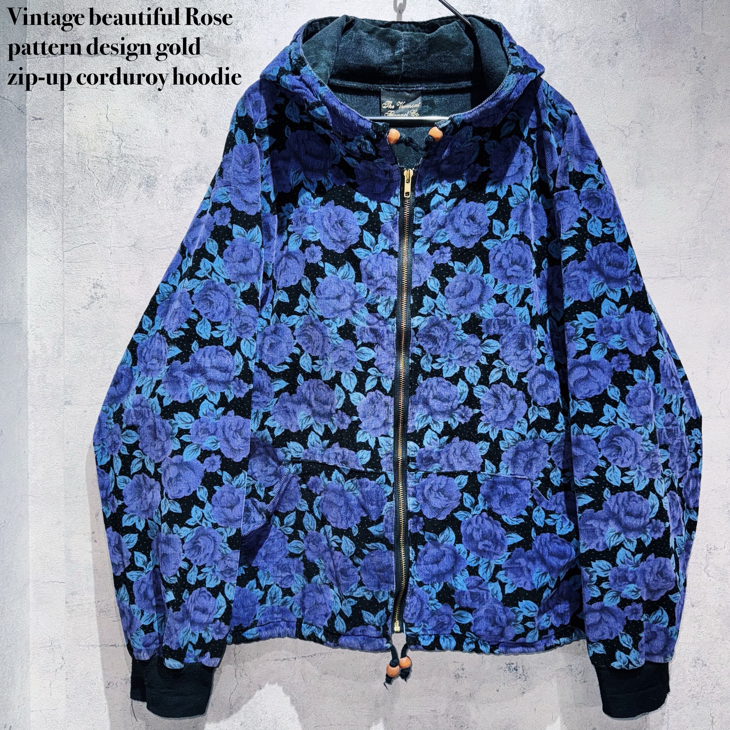Vintage beautiful Rose pattern design gold zip-up corduroy hoodie