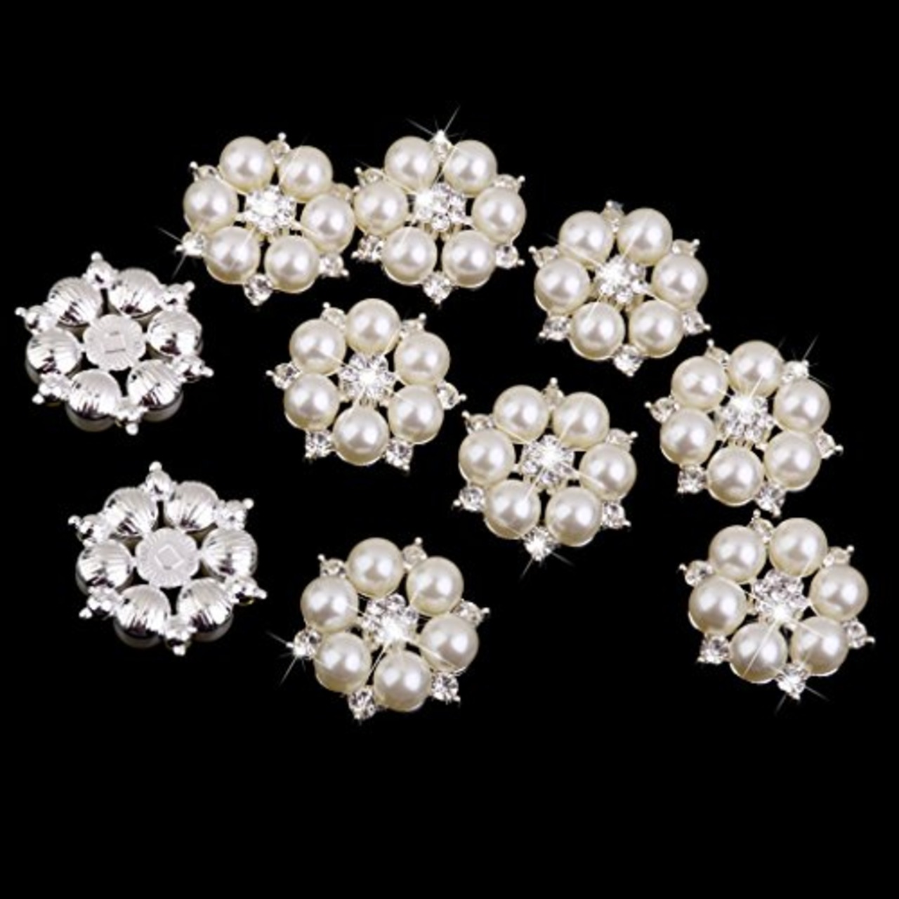 クリスタル 人工パール 飾りボタン 花形 28mm ベージュ 10個