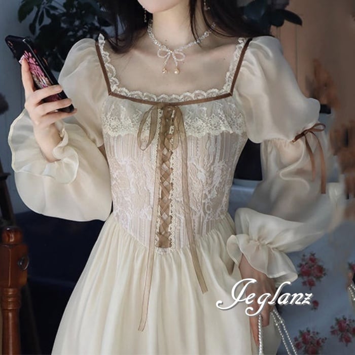 ワンピース ドレス 切替 レース ボリューム袖 レースアップ レトロ感(M5251)α