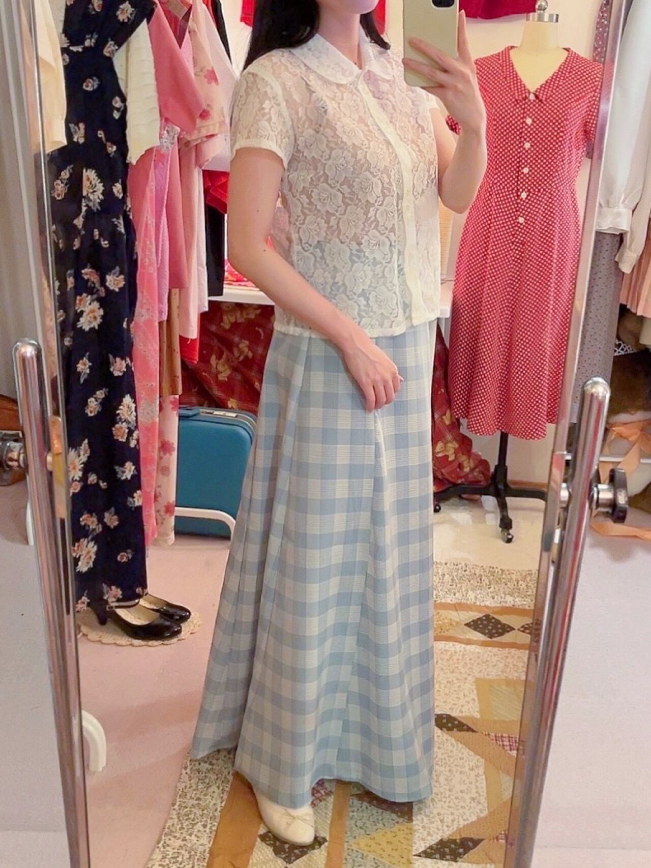 light blue block check skirt