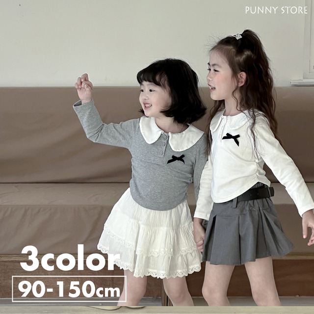 《取寄》リボンガーリーショート丈ポロシャツ （全３色） QBSH 2024春 韓国子供服 ポロトップス 丸襟  女の子