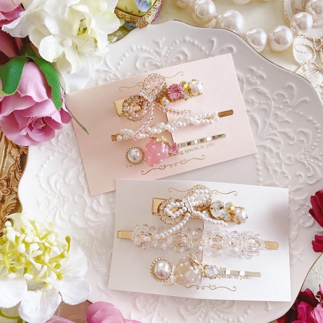 Pearl beads ribbon × strawberry hair clip