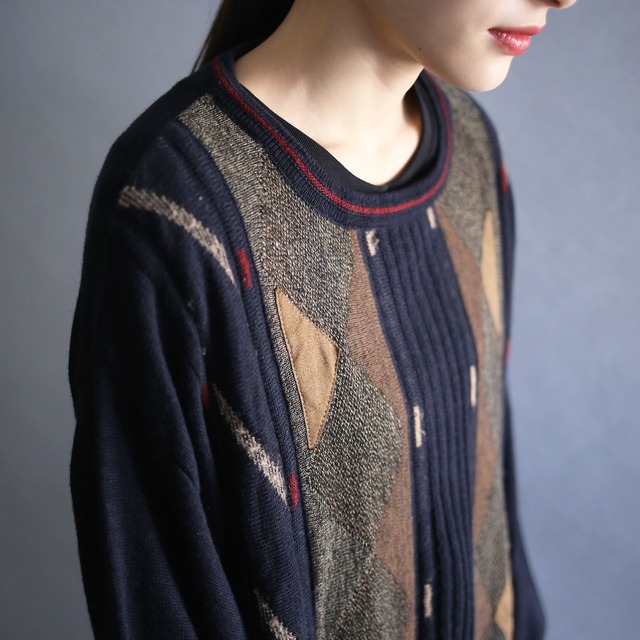 fake suede patchwork and 3D knit pattern loose sweater