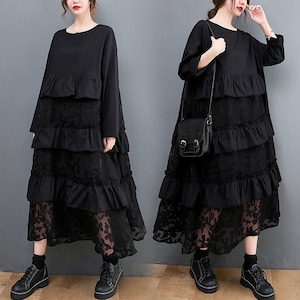 BLACK BOAT NECK A-LINE FRILL LACE TRIM LONG DRESS 1color M-6173