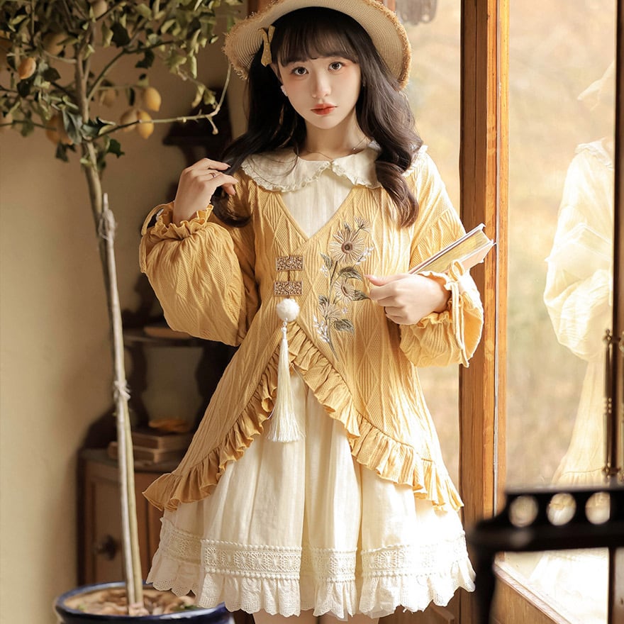 サブカル 服 地雷系 通販 セットアップ ジャケット カーディガン ワンピース ひまわり 刺繍 クラロリ ガーリー ゆめかわふぁっしょん ベビードール 量産型