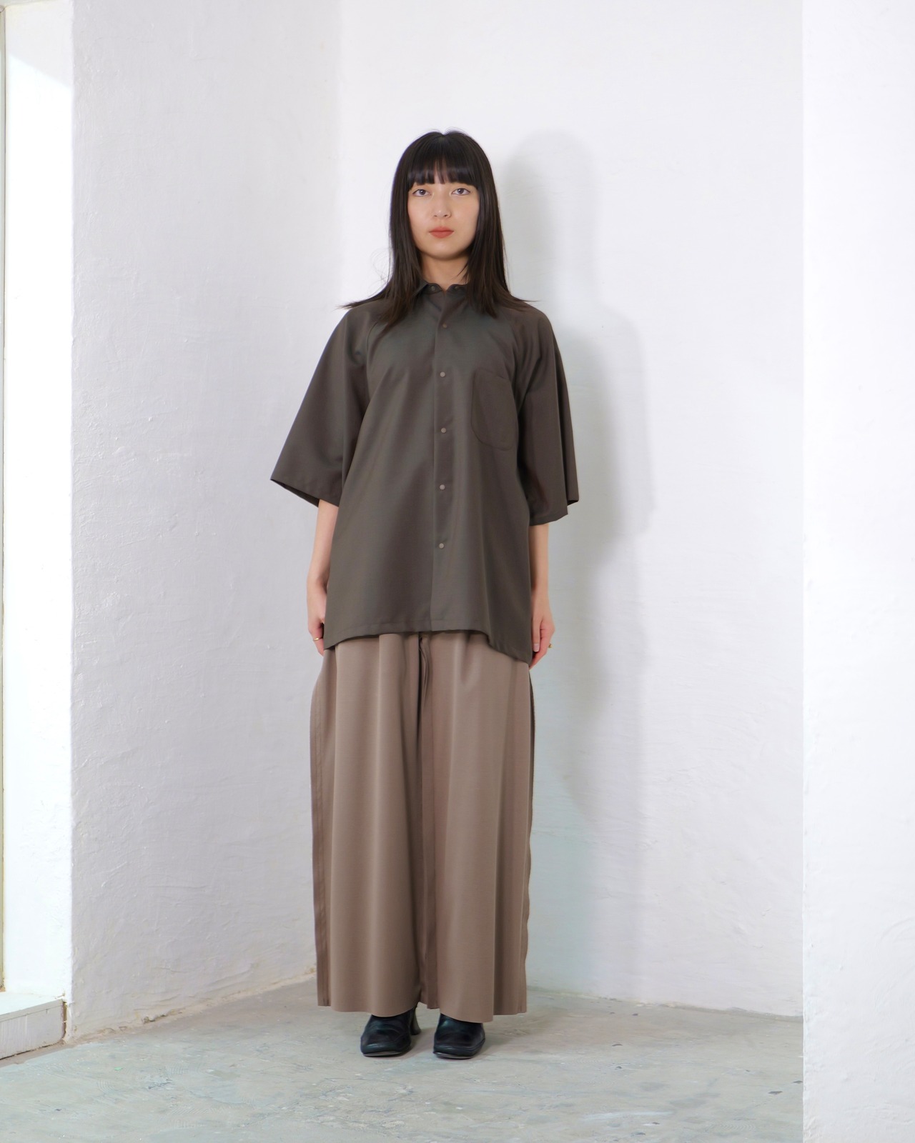 itochi - Wool & Kid mohair Tropical half sleeve shirt ：iridescent brown｜玉虫色トロピカル／キッドモヘア混／ションヘル織機