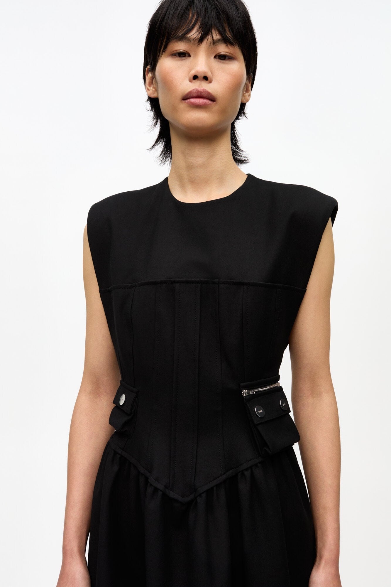 GANNI】Black Heavy Cotton Corset Midi Dress | idealclasse
