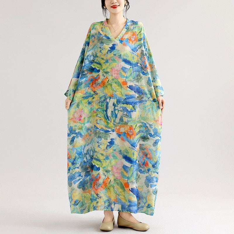 V-NECK BATWING PRINT LINEN-BLEND MAXI DRESS M-18022