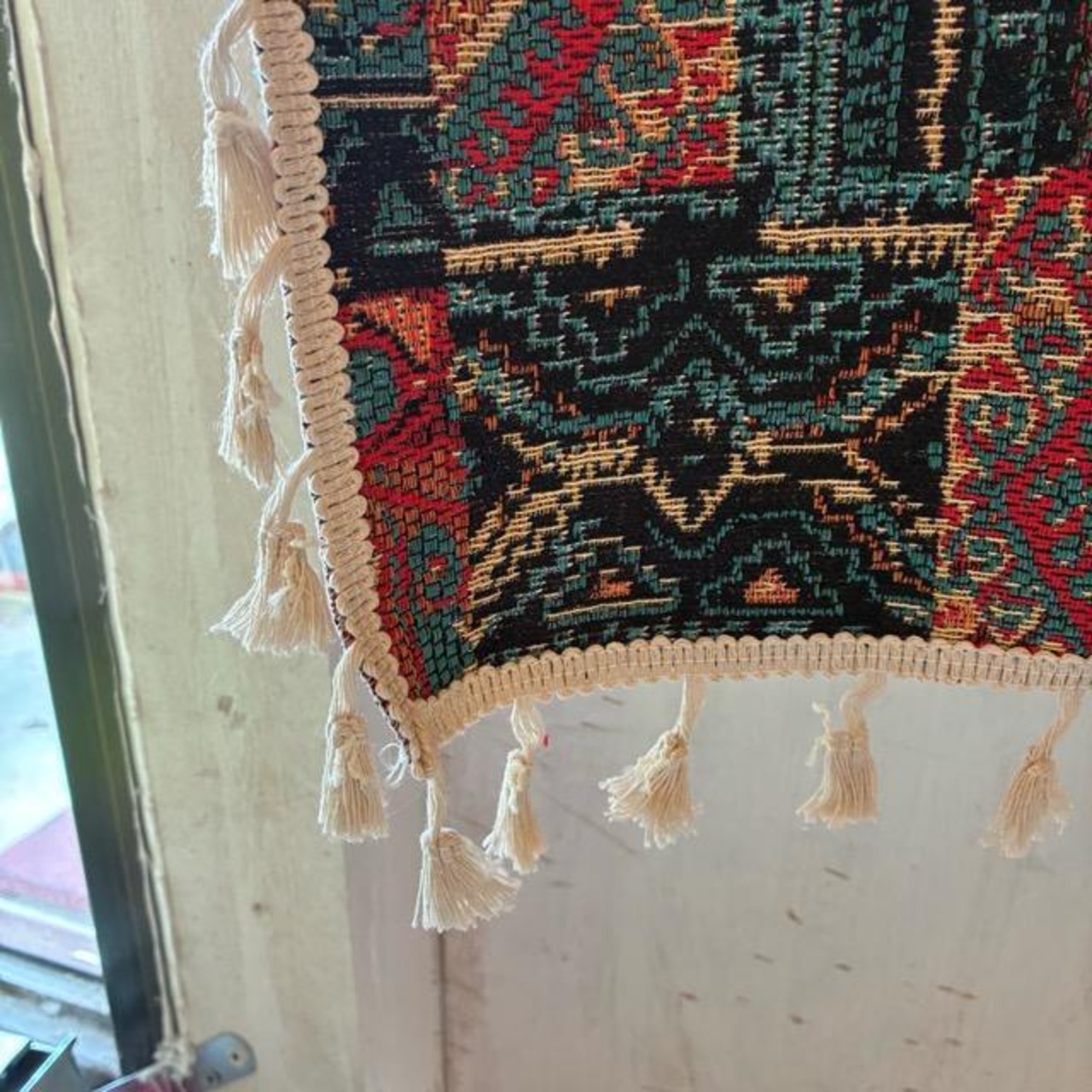 TOPANGA Homefurnishing　ジャガードキリムフリンジカーテン　150×240cm　エスニック　トライバル　遮光　厚手　レッド　ゴブラン織　カーテンポール　ボヘミアン