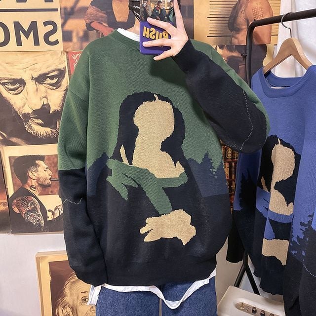 【予約販売】ニット オーバーサイズ モナリザ レトロ アート パロディ メンズ ブルー グリーン セーター こなれ感 お洒落 韓国 トレンド 秋冬 M/L/XL/2XL