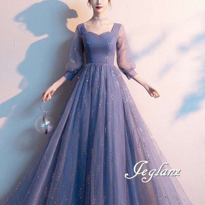 パーティ イブニングドレス チュール 編み上げ ラメ 光沢 7分袖 (M9290)ζ