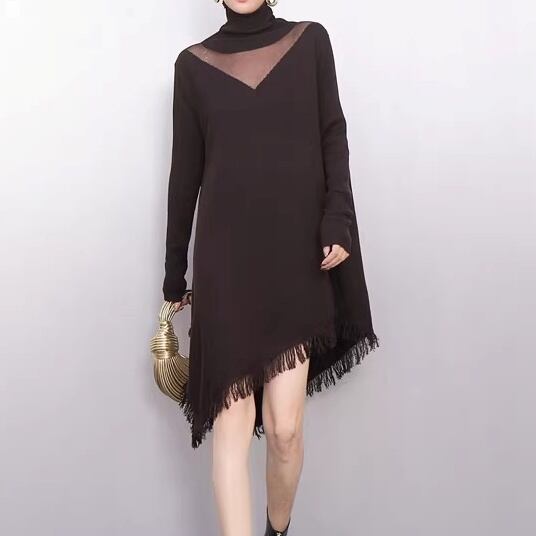 フリンジ アシンメトリー 長袖 ミニ丈 ニットワンピース 2color ON1018