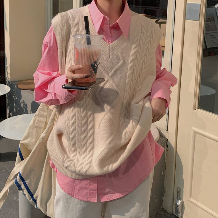 ピュアカラーシャツレディース2020年秋新作ルーズ長袖シャツ+ Vネックプルオーバーツイストセーターベストトレンド クレセントシティ72455276828