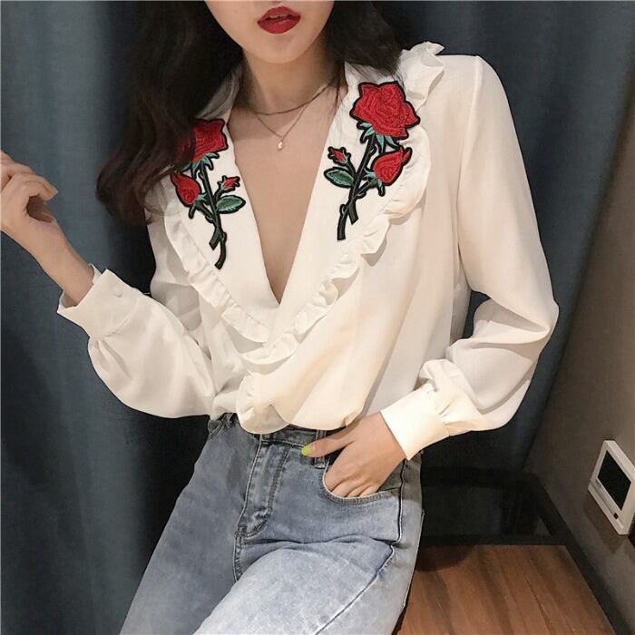 ローズVネックプリーツシャツレディースデザインセンスニッチレトロ香港スタイルシャツレディース2019秋ニュートップ 1号婦人75415054250