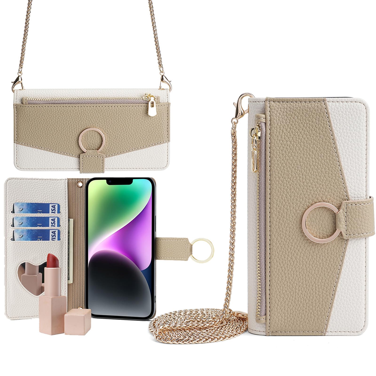 OPPO Reno7 A ケース OPPO Reno9 A ケースOPPO Reno7 A OPG04 ケース 手帳型 カード収納【Trocent】オッポ リノ7A /リノ9A カバー 携帯 スマホケース 財布型 耐衝撃ケース 鏡付き 化粧鏡付き スタンド機能 ショルダーケース ストラップ付き 肩掛け 斜めがけ 上質な手触り おしゃれ 全面保護 2色組合せ(カーキ&白)