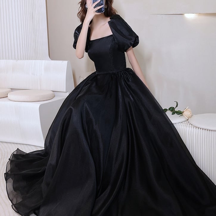 サテン パーティ イブニングドレス 背中 編み上げ ブラックドレス ♪(M9311)ε