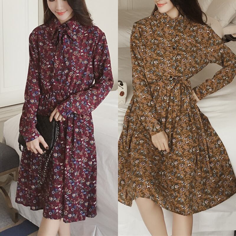 長袖 花柄 シャツ風 ワンピース