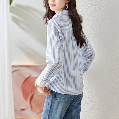 美品♪アドーア M コットン 長袖シャツ ストライプ 日本製 ブルー 韓国ファッション 青いストライプのトップスキャラクター刺繍