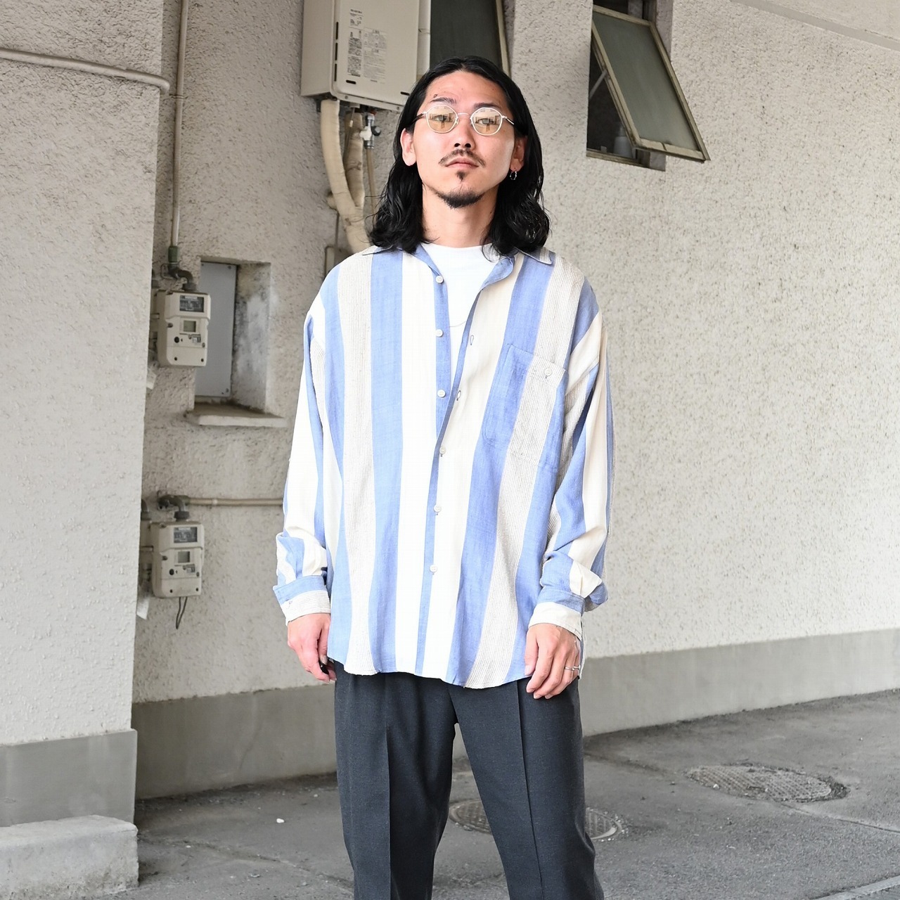 レザージャケット、グーチレーヨンストライプロングスリーブシャツデッドストック