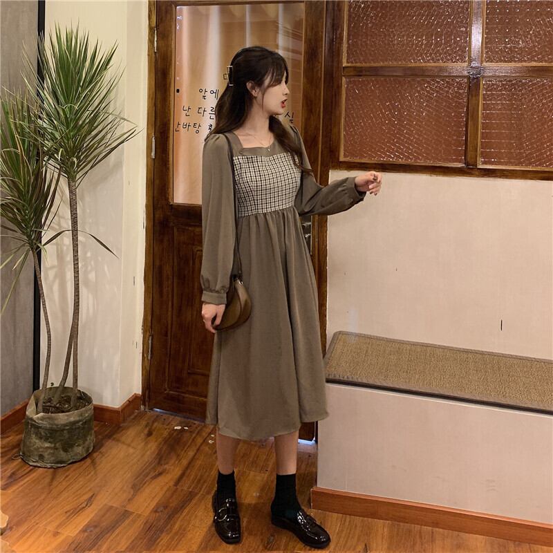 送料無料 双子コーデ レトロチェックロングワンピ ワンピース チェック レトロ ロング モテ服 Lamitte Deco トレンド 韓国ファッション ショップ Base店