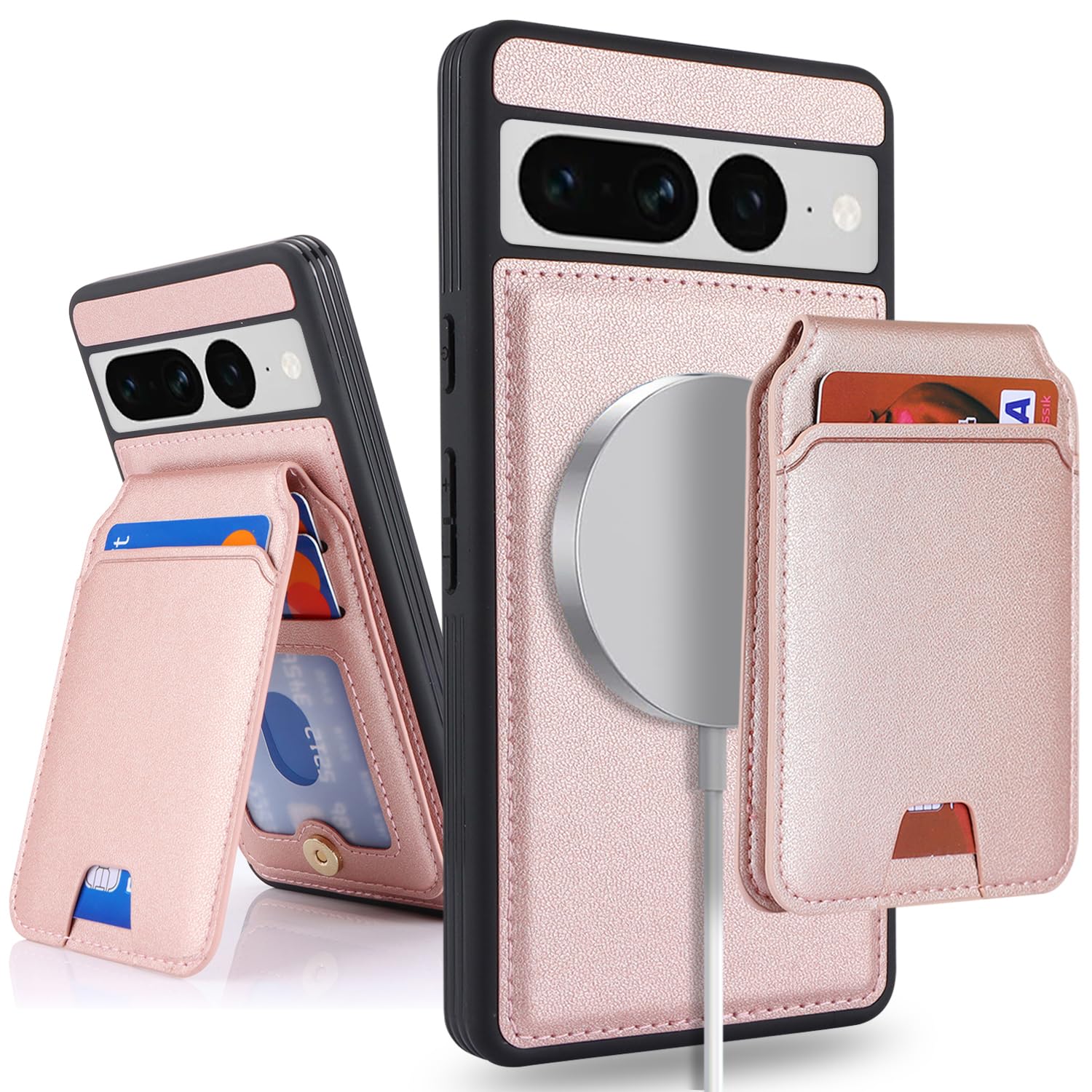 Havaya Google Pixel 7 Pro ケース MagSafe 対応 Googleピクセル7プロ ケース マグセーフau 耐衝撃 docomo 背面カード収納 分離式 SoftBank 取り外し可能 ワイヤレス充電対応 フェイクレザー-ピンク