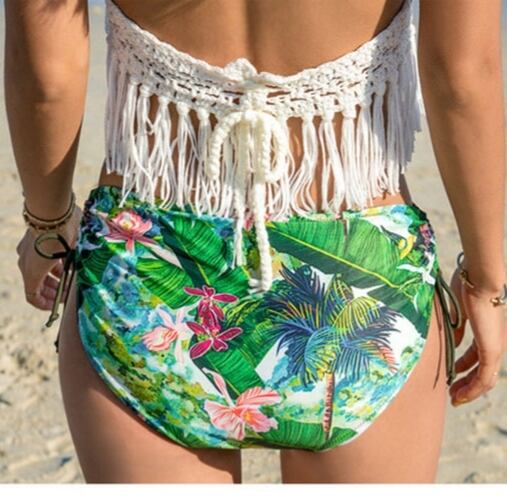 水着 ビキニ 花柄 ニット ホルターネック フリンジ ボヘミアン