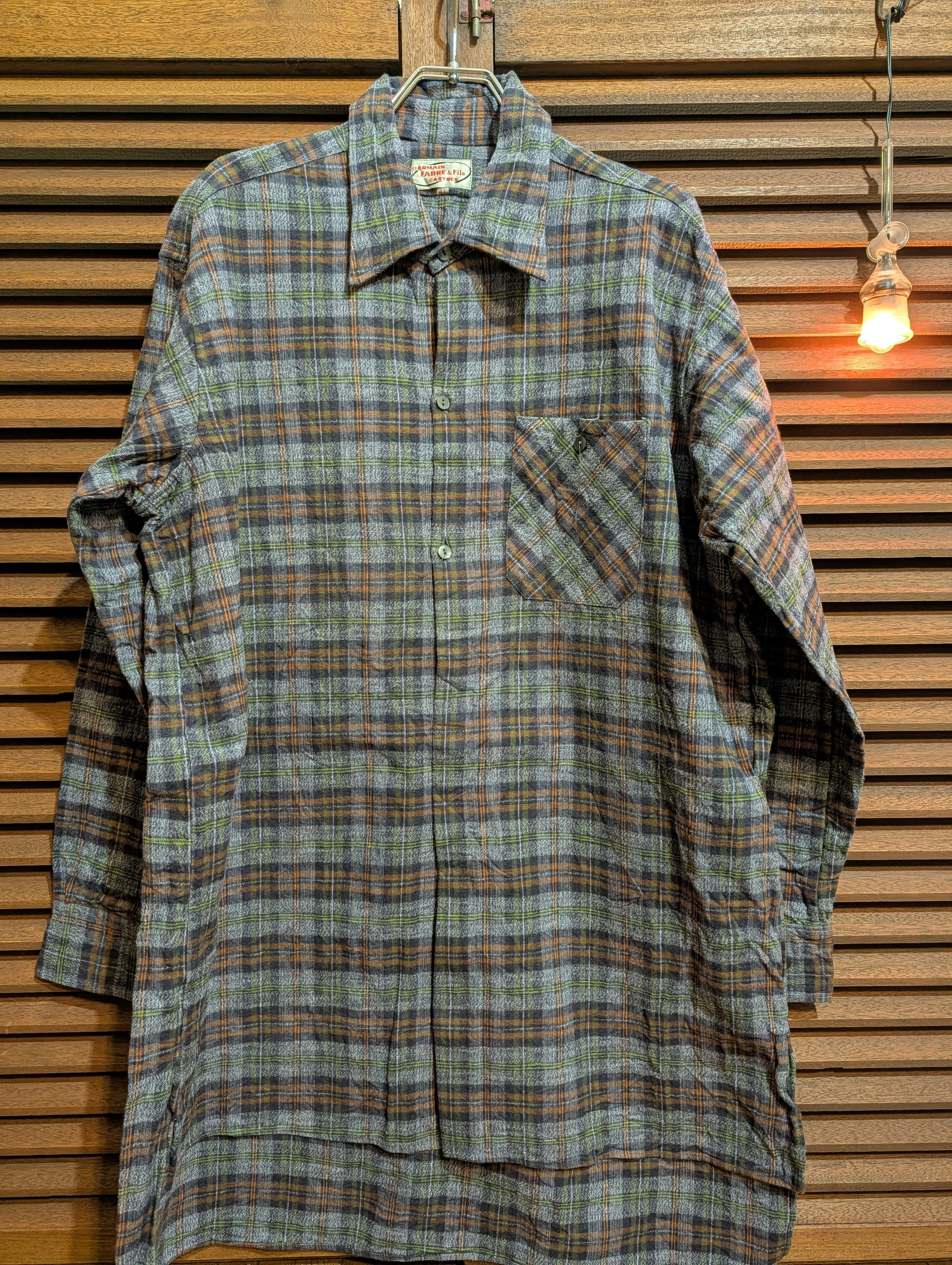 60-70s France GERMAINFABRE Check GrandpaShirt Black Brown