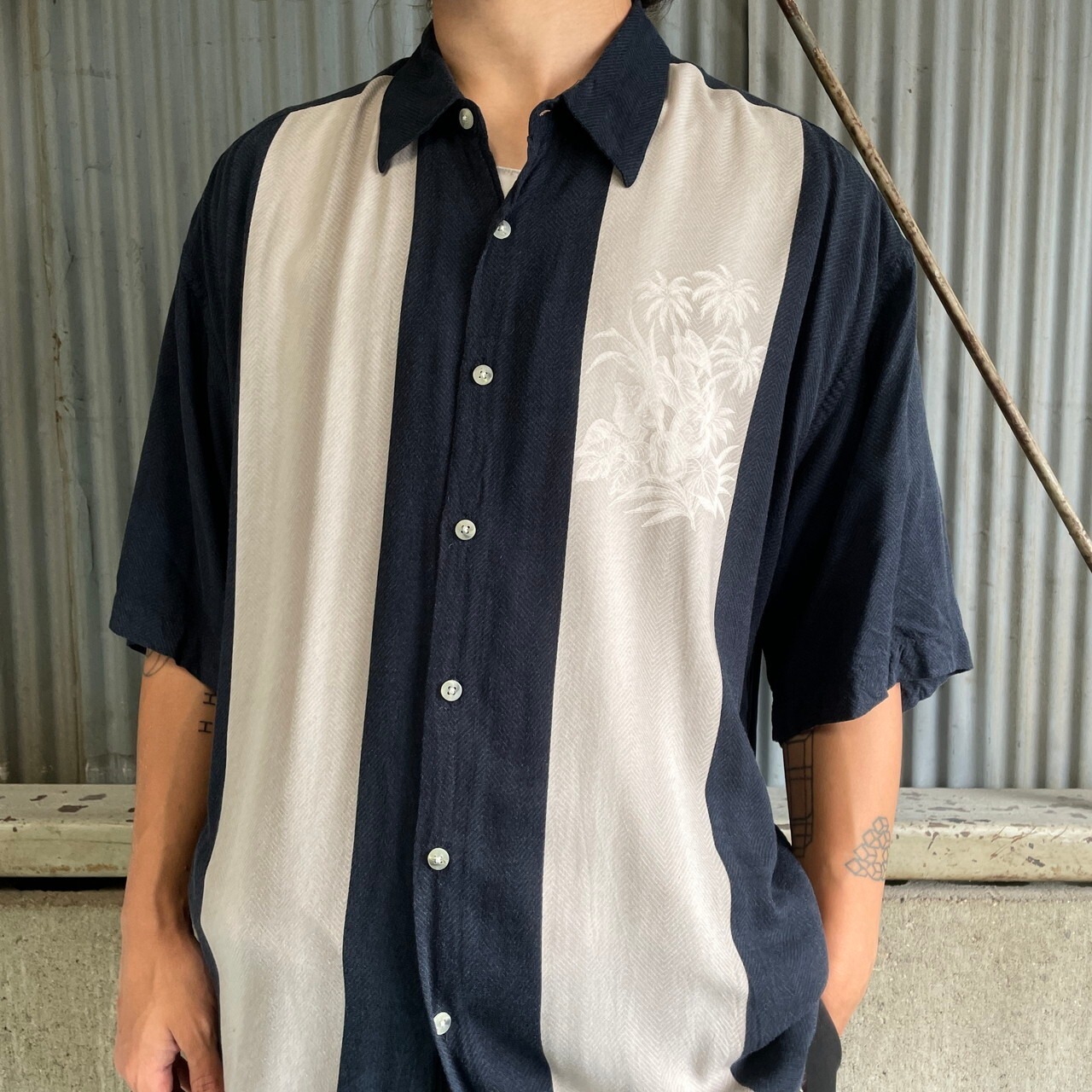 CAMPIA MODA 2トーン切替 レーヨン アロハシャツ メンズL 古着 