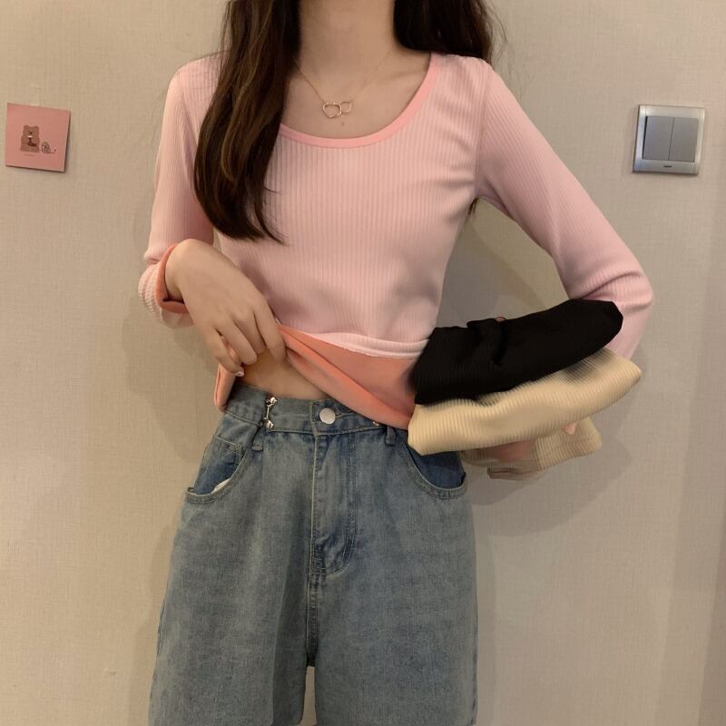 ベルベットシャツ オータムウィンタースタイルラウンドネック長袖スリーブTシャツ レディース ロング 秋物 冬物 Oネック YY-ファッション62993394481