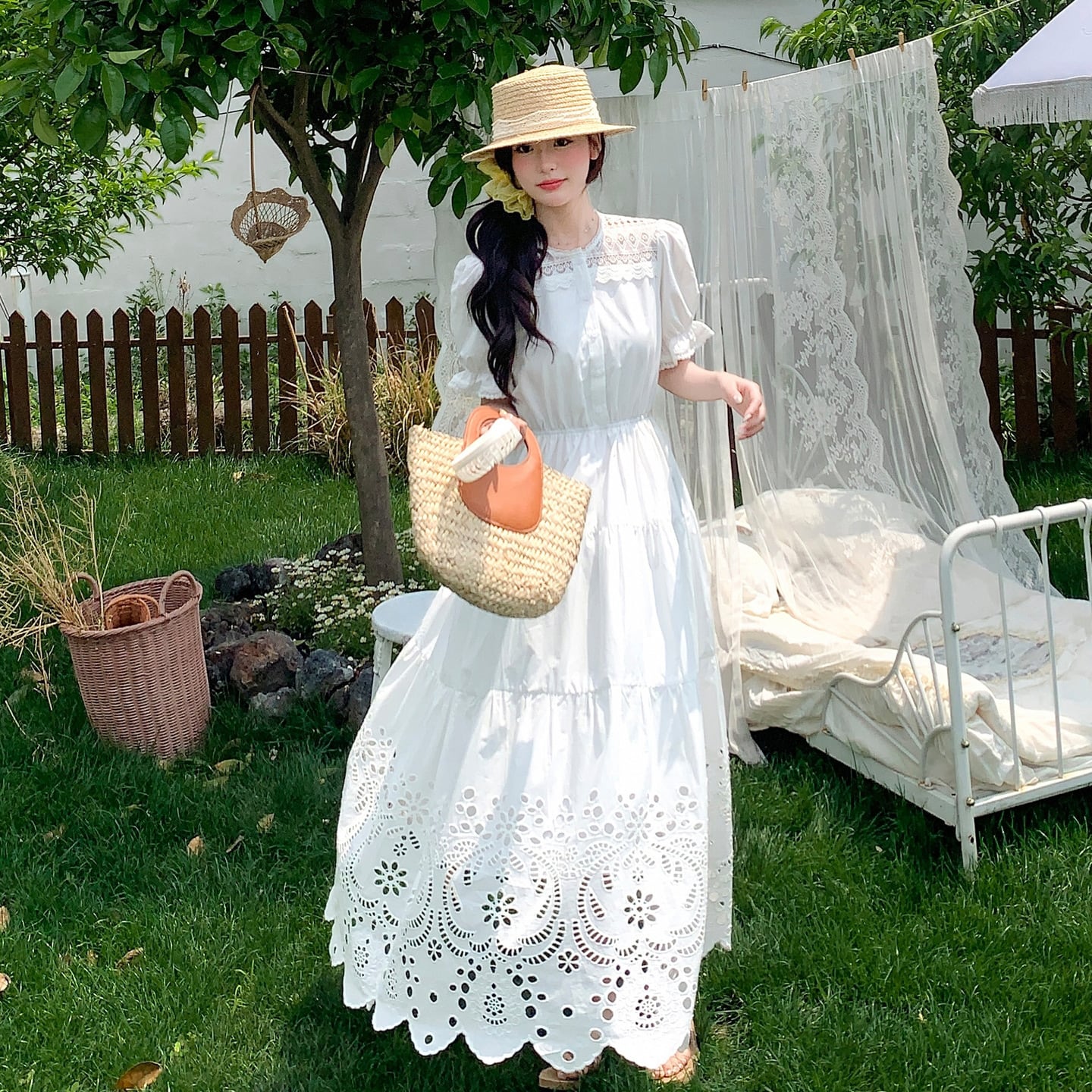 dress】カットワークパフスリーブワンピース M32410 | nanastyle