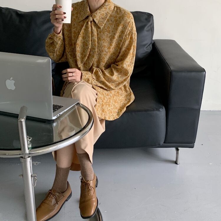 リボンフローラルシャツ 長袖スリーブスプリングトップス ロング 春物 花柄 ビッグFスモールZ韓国27861825251