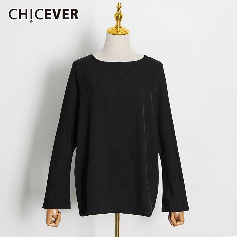 CHICEVERブラックツーピースセットレディースOネック長袖ルーズソリッドトップスウエストワイドレッグパンツセット2021 ロング ワイドパンツ ソリッドカラー 6base571928244882